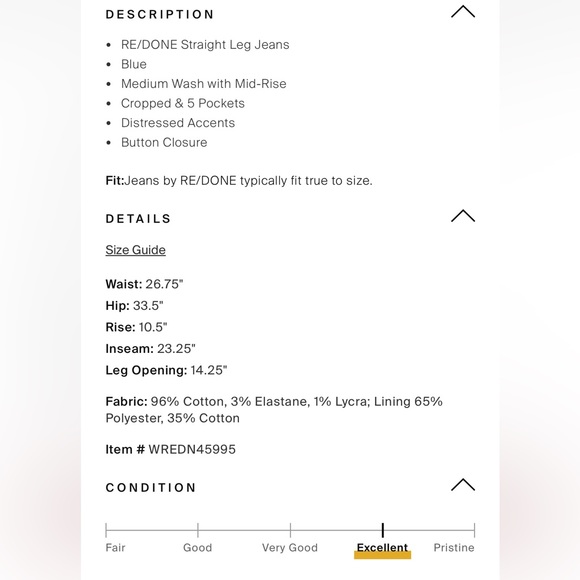 Re/Done Women’s Mid-Rise Straight Legs Jean Size US 28 - Excellent Condition - Picture 7 of 7